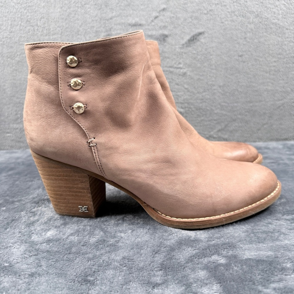 Sam Edelman Leather Ankle Boots Women 9 Block Heel Button Detail Good